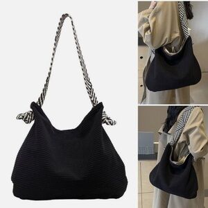 Black Textured Shoulder Bag with Rope Handle